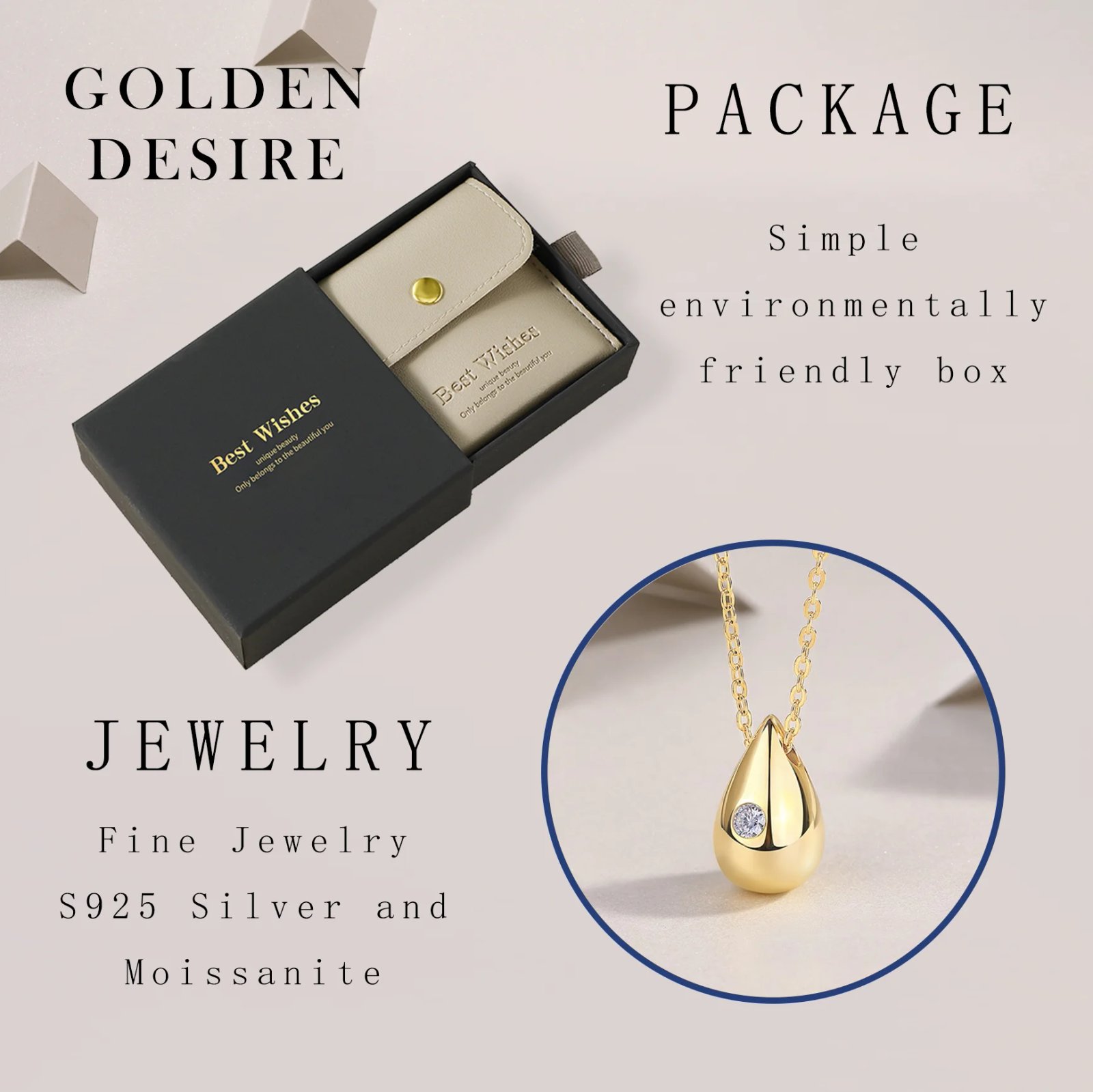 Goddess's Tear Pendant Necklace with Moissanite Accent – 18K Gold Plated S925 Silver, Timeless Elegance for Daily Wear