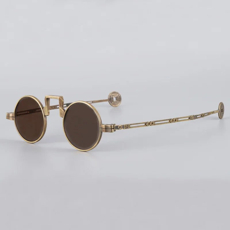Natural Crystal Stone Sunglasses Man Steampunk Small Round Glass Sun Glasses Woman Vintage Brown Copper Frame Anti Scratch