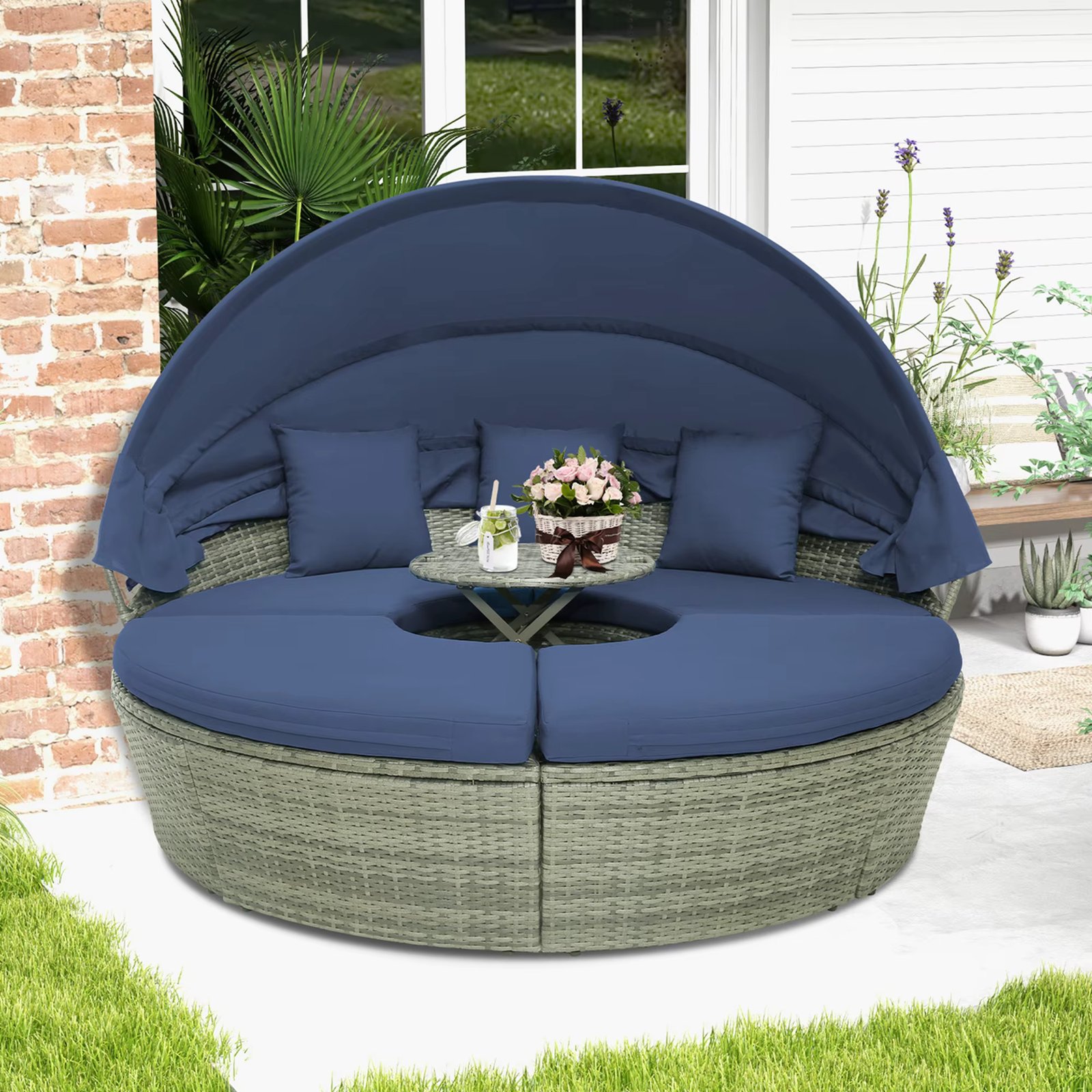 Patio Rattan Daybed Outdoor Sectional Seating with Side Table & Retractable Canopy