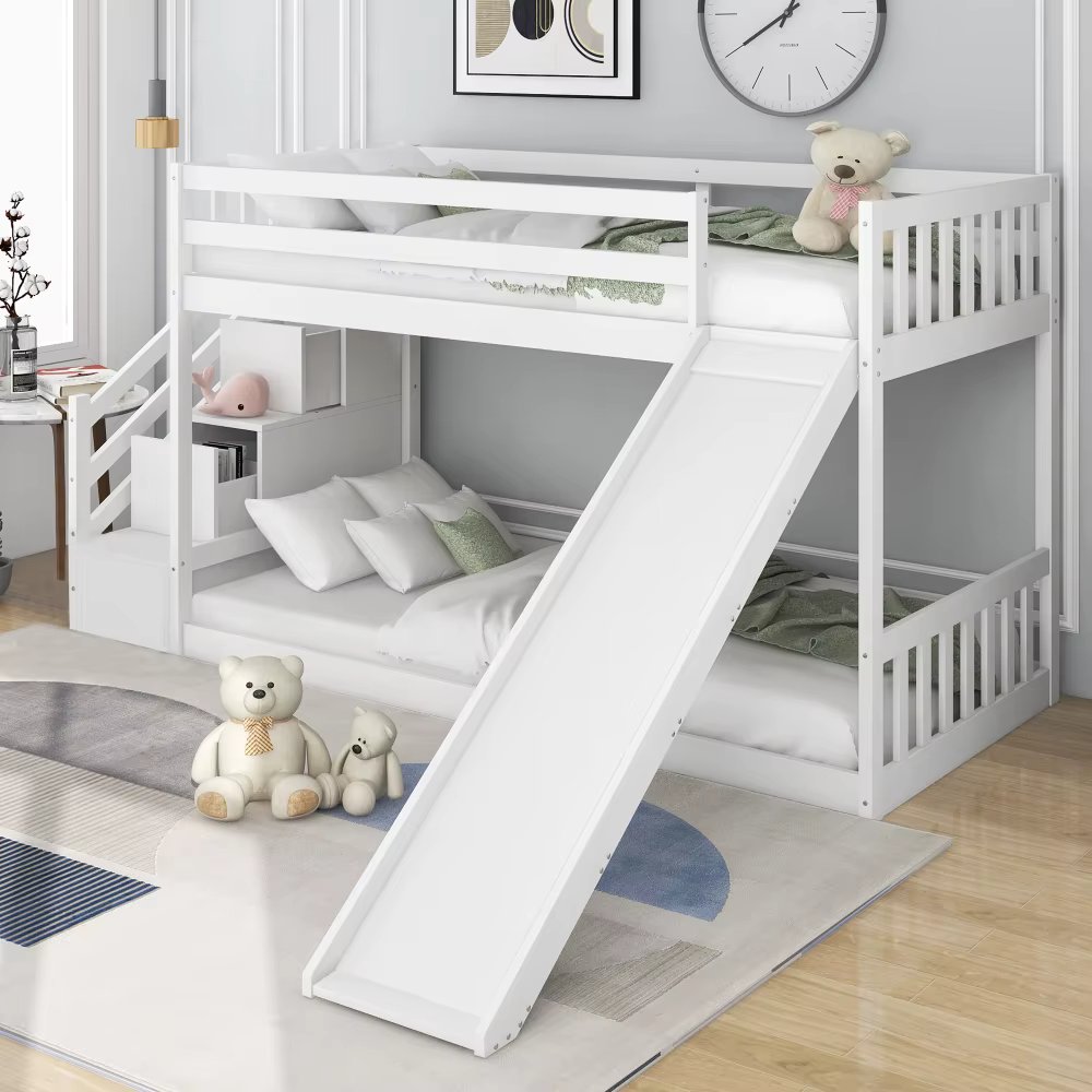 Bunk bed, frame in solid pine, single bed with 2 drawers, 90x200 cm, white (without mattress)