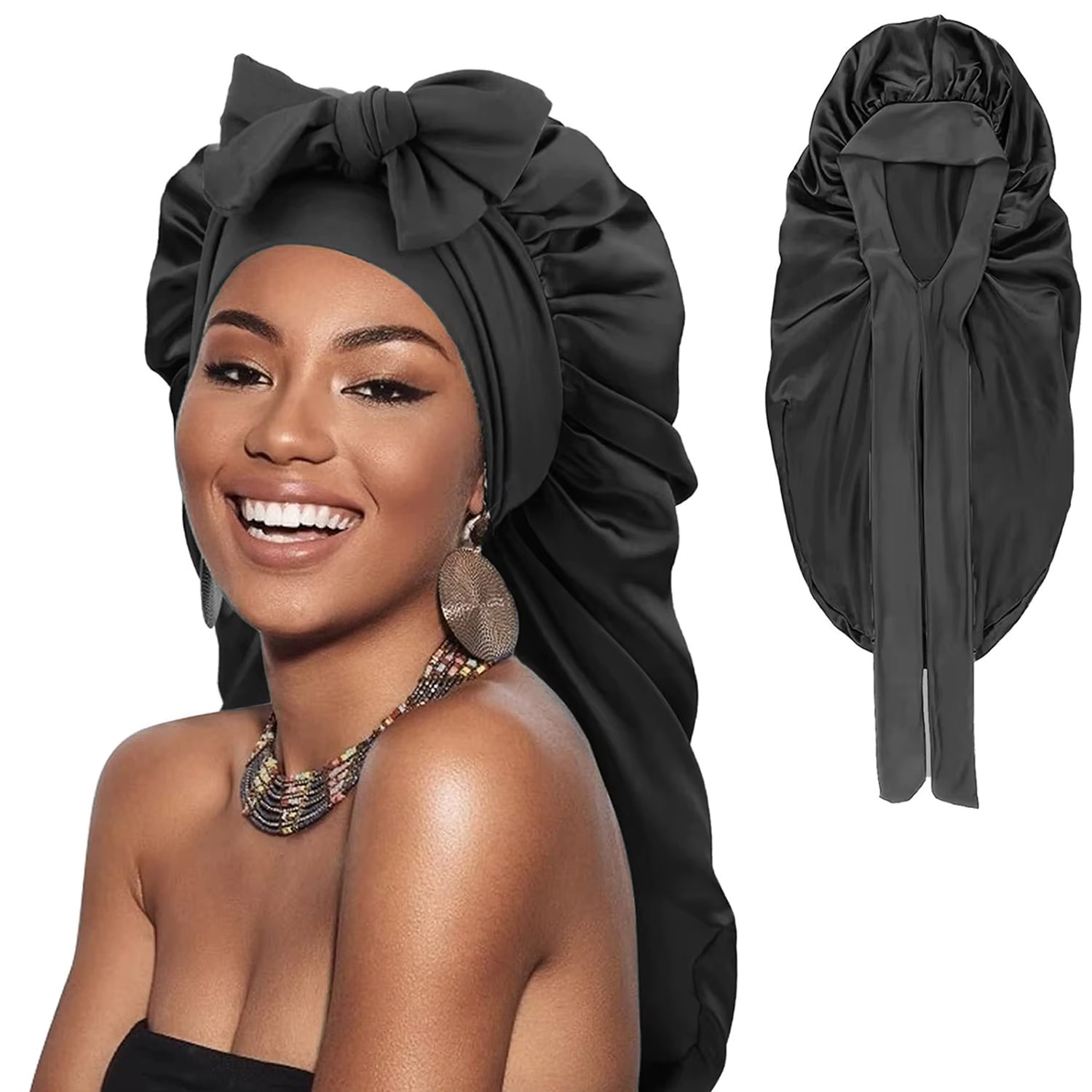 Women's Fashion Bonnet Long Edition Silk Smooth Colored Ding Elastic Comfortable Personalized Casual Sleeping Hat