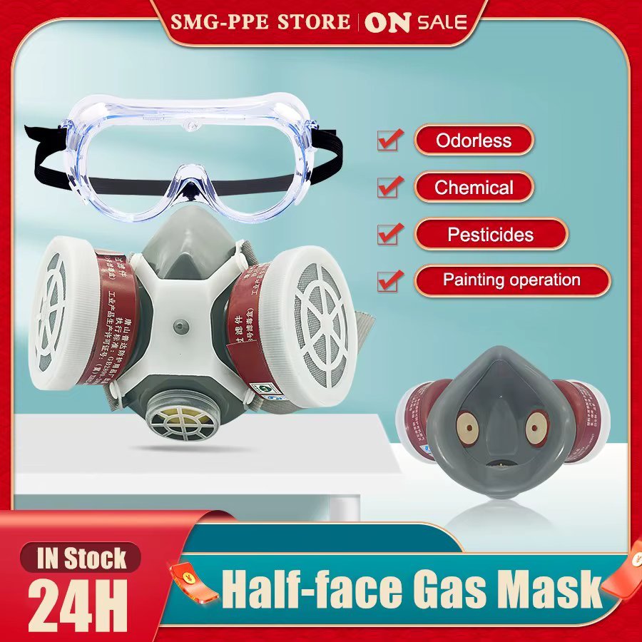 Gas Mask Respirator Painting Spray Anti Dust Filter with Protective Glasses Breathing Valves Light Weight Construction Miner