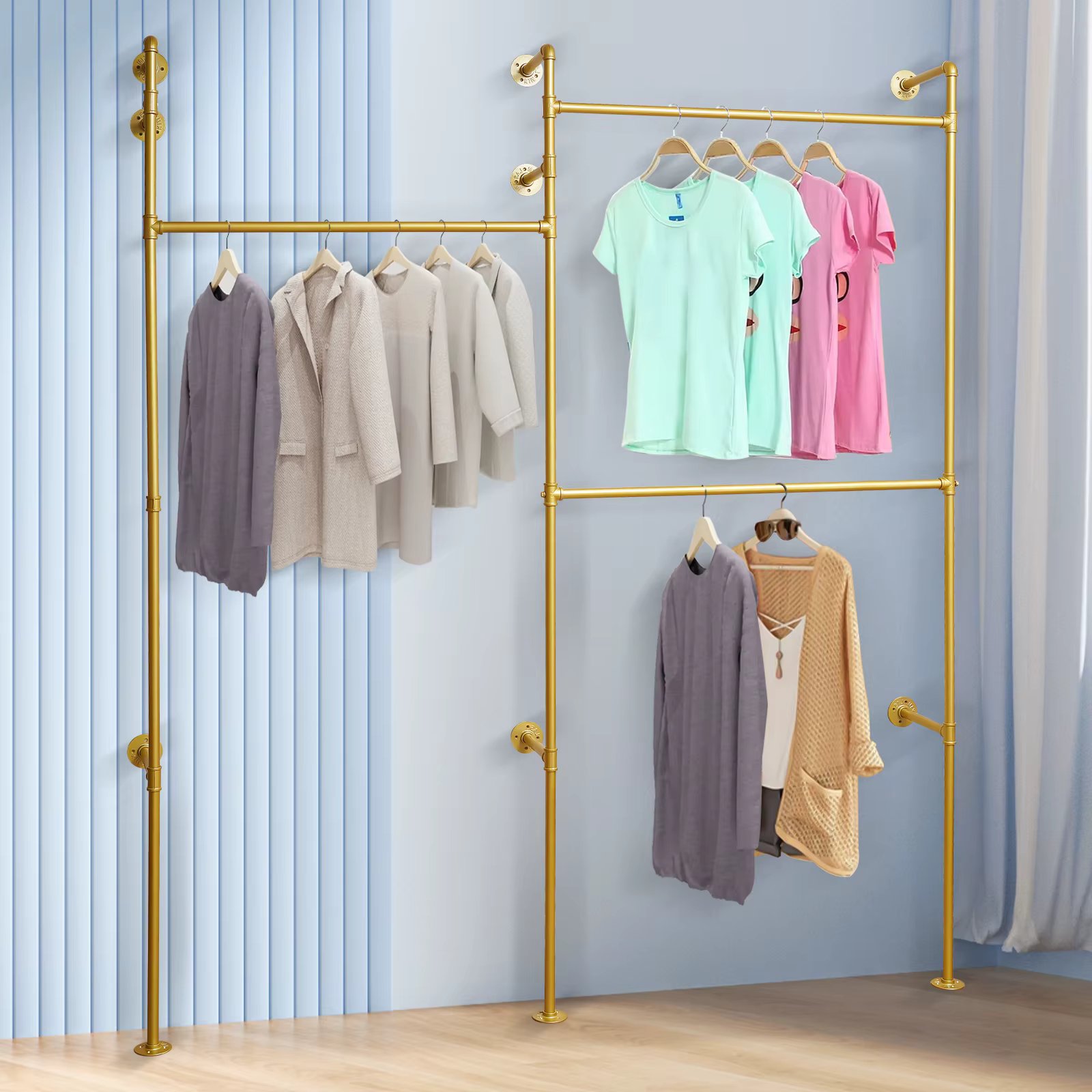 Wall Mount Industrial Pipe Clothing Rack For Homes, Clothing Stores, Hotels, Garment Factories(Gold)