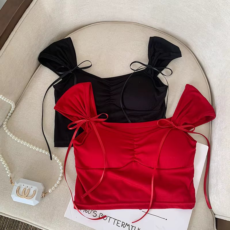 New Bow Sexy Camisole for Women Slim Fit Elastic and Beautiful Back Short Sleeve Outer Wear Women Clothing Drop Shipping