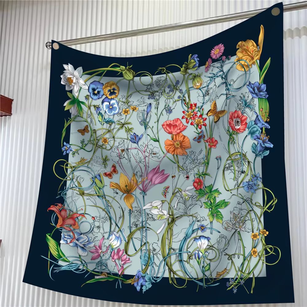 Silk Scarf Women Floral Printed Square Scarves Head Echarpes Silk Foulards Femme Wraps Beach Shawls Bandana Lady Hijabs 90CM