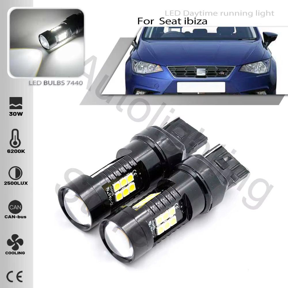 2X Canbus No Error W21W T20 7440 LED DRL Daytime Running Light Bulb For SEAT IBIZA Mk V 2018 2019 2020- w/resistance