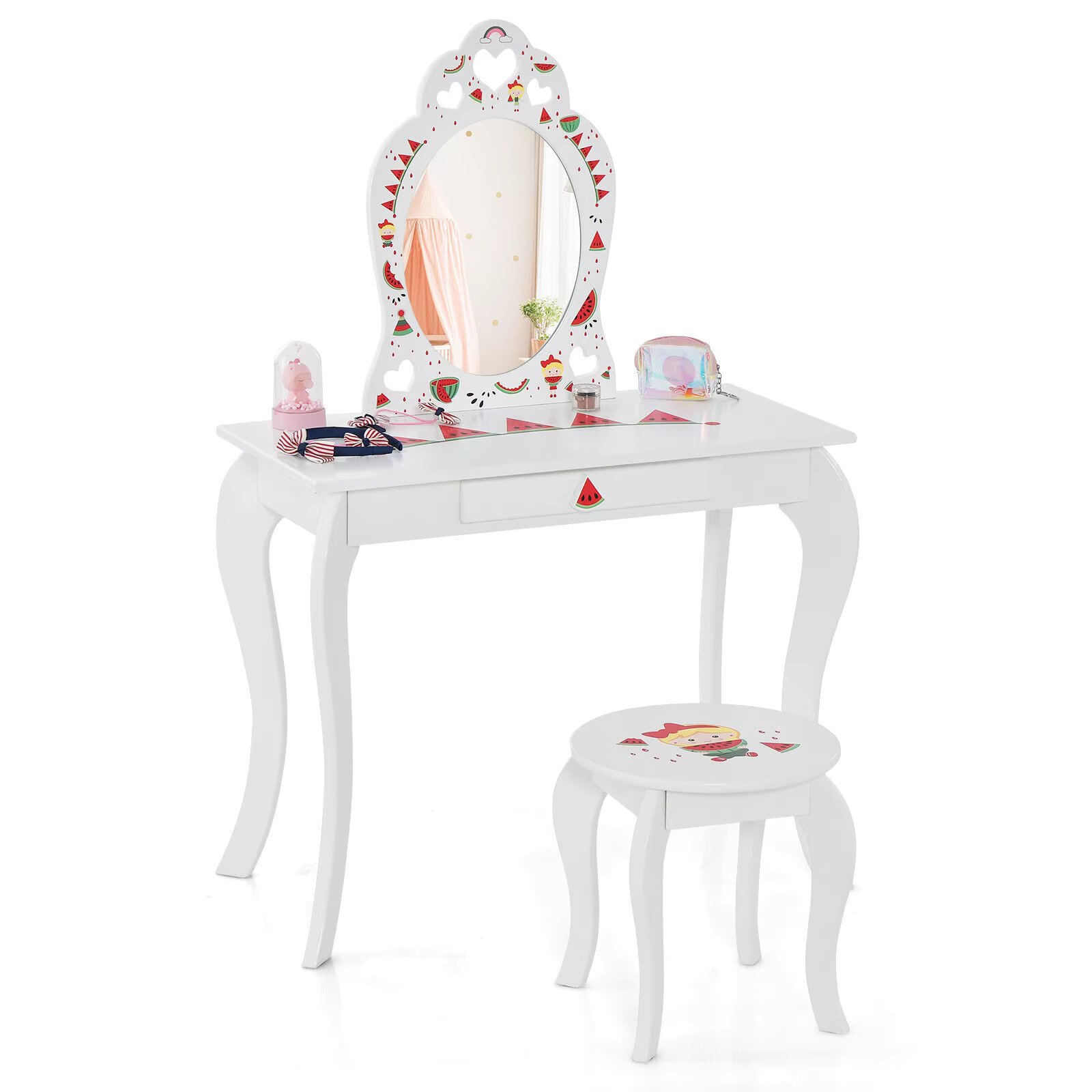 GOFLAME Vanity Table & Stool Set, Princess Pretend Play Makeup Dressing Table Set w/ Mirror & Drawer
