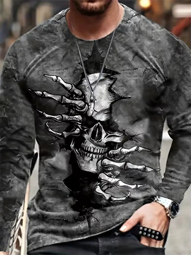 Fall Everyday Casual Men's Long Sleeve T-shirt Halloween Men's Costume Street Fashion Men's Skull Print Long Sleeve T-shirt