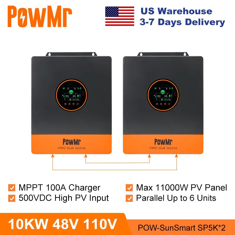 PowMr 10KW Split Phase Inverter 48V 110V On Grid Off Grid Pure Sine Wave Hybrid Solar Inverter with MPPT 100A Battery Charger