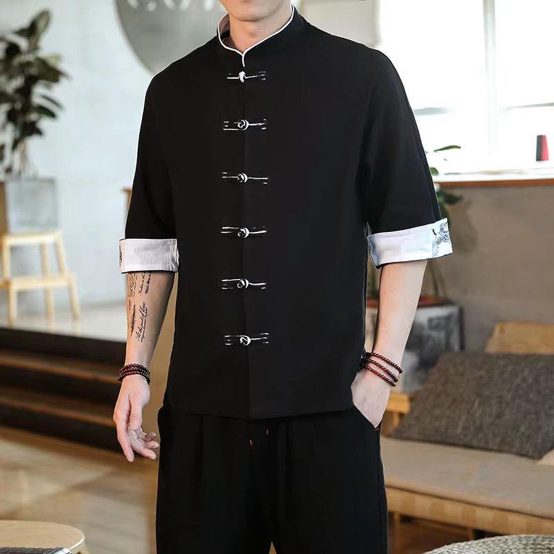 2024 Summer Crane Embroidery Top Traditional Chinese Style Mens Vintage Half Sleeve Linen Shirts Madarin Collar Kungfu Shirt