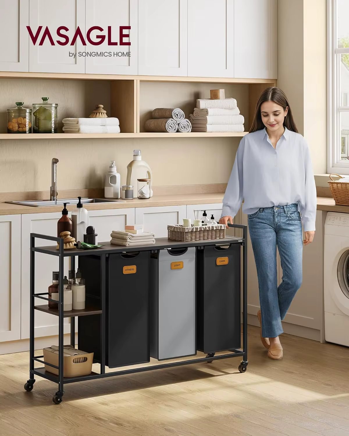 VASAGLE Laundry Hamper with 3 Compartments, 150 L Laundry Sorter, Rolling Laundry Cart with Shelves, Removable Liners