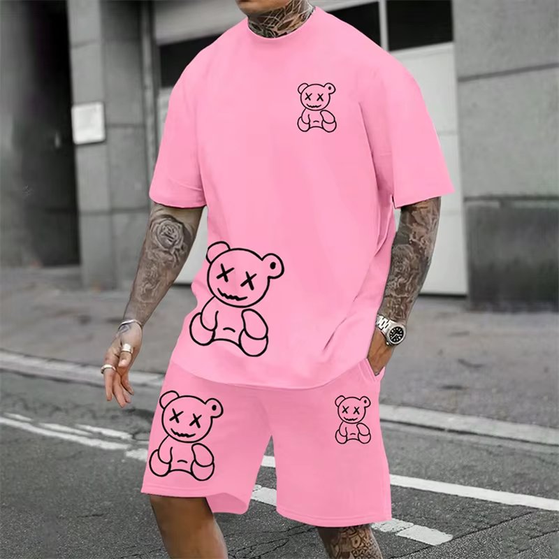 2024 Fun Bear Harajuku T-Shirt Men's Summer Loose Daily Couple Suit Outdoor Street Short Sleeve Shorts Two Piece Men Summer Suit