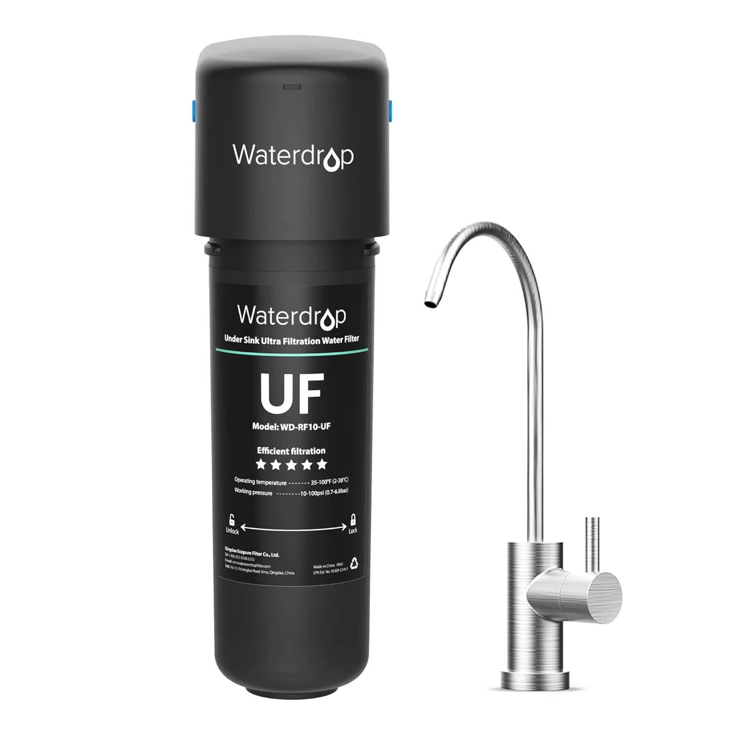 Waterdrop 10UB-UF 0.01 μm Ultra Filtration Under Sink Water Filter System with Dedicated Faucet, 8K Gallons, USA Tech