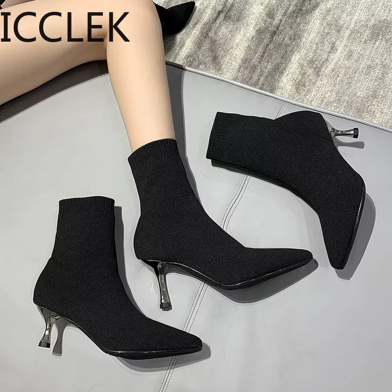 Women Boots Ankle Short Boots Flock Pointed Toe Thin Heels Winter Booties Woman Wool Elastic Slip on Women Boots A095