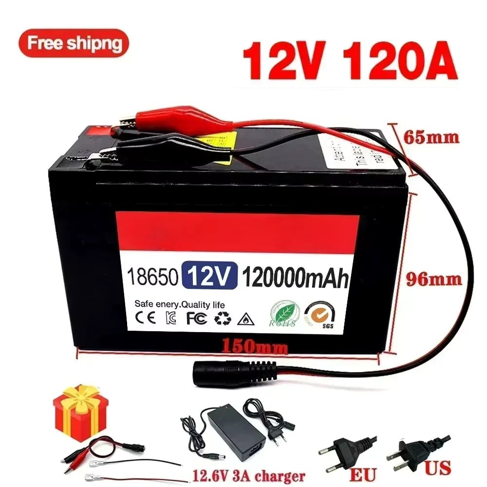 12V 120Ah 18650 lithium battery for Solar Panels 30A built-in high current BMS electric vehicle battery + 12.6V charger