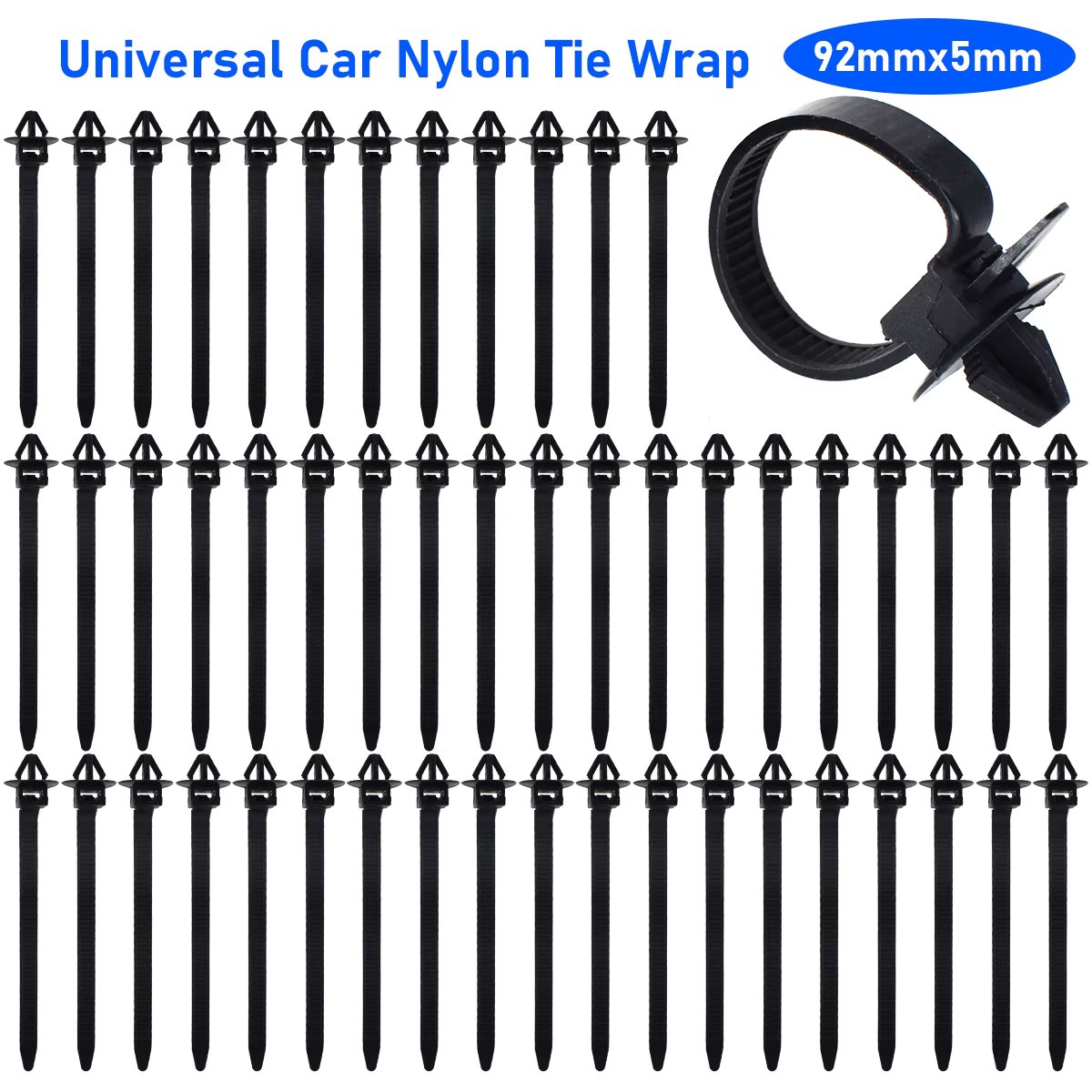 50Pcs Car Cable Fastening Zip Ties Nylon Auto Cable Tie Strap Push Mount Wrap Line Retainer Clip Wire Harness Fastener 92x5mm