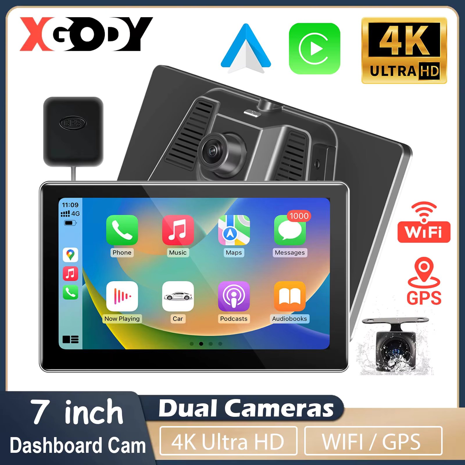 XGODY 7" 4K Dashboard Cam Monitor Wireless CarPlay Driver Recorder Car DVR GPS WiFi Front & Rear Camera 24H Parking Monitor
