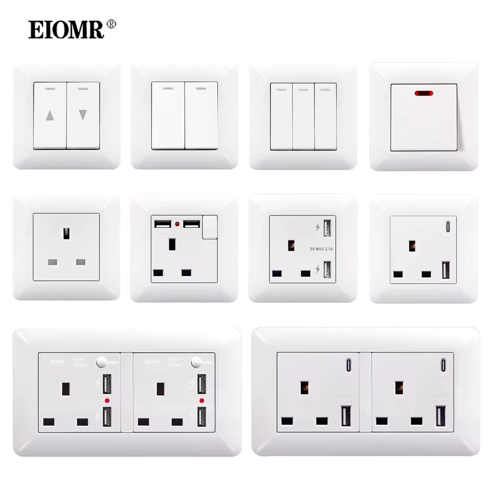 EIOMR UK Wall Switch Socket with USB Type-C Port, High Quality White Arc Panel AC110-250V Universal Wall Socket Home Improvement
