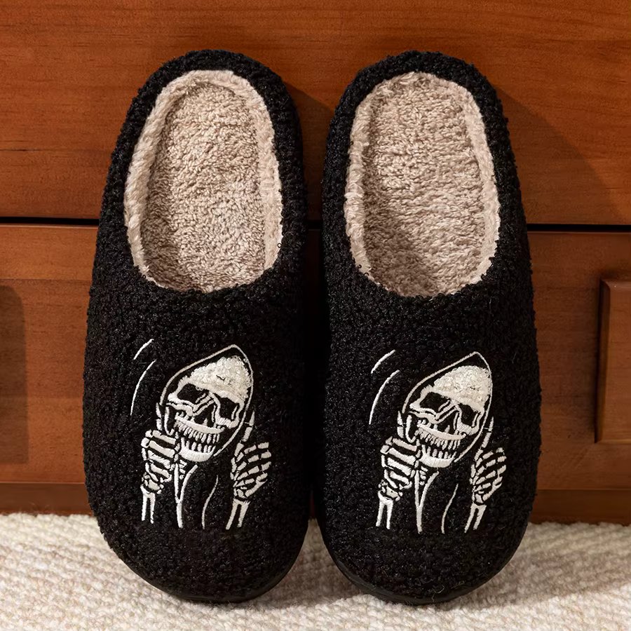 Fashion Halloween Skeleton Ghostface Couple Winter Women Cotton Slippers Toe Wrap Warm Indoor Mute Non Slip Floor Flat Shoes