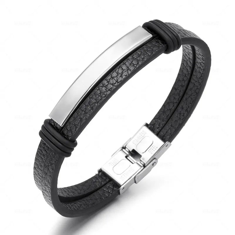 Stainless Steel Charm Genuine Leather Bracelet for Men Hip Hop Leather Wrap Bracelet Man Wristband Hand Jewelry Accessories