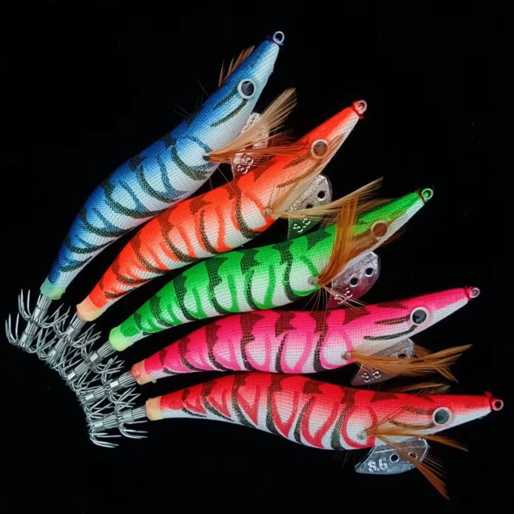 5pcs 12g 14.5g 19.9g Luminous Squid Jig Fishing Wood Shrimp Lure Squid Cuttlefish Jigs Lures Spinnerbait Shrimp For Sea Fishing