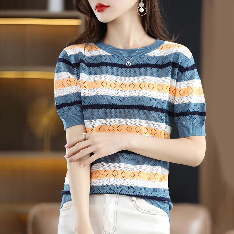 Round Loose Casual Half-sleeved Top Thin Punching Ice Punctury Striply Knit short-sleeved T-shirt KN1543