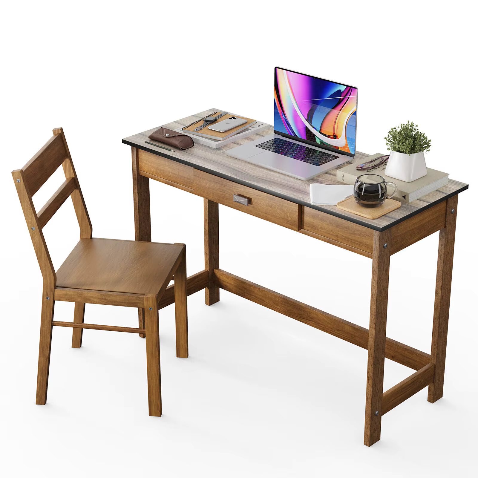 Costway Kids Desk & Chair Set Study Table Writing Workstation w/ Drawer Walnut