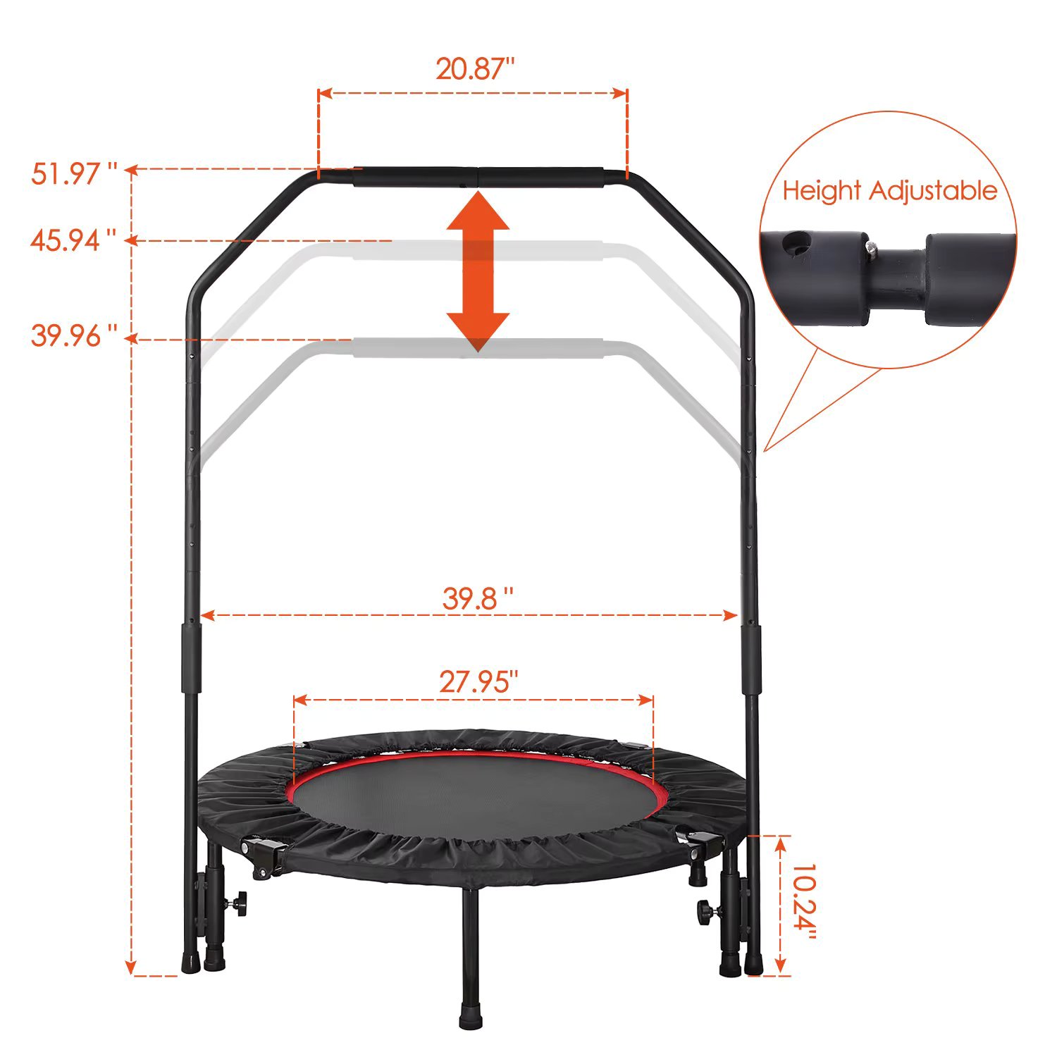 AOOU 40" Foldable Mini Trampoline Fitness Rebounder with Handrail for Kids Adults, 330 lbs