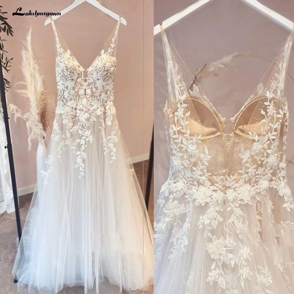 Lakshmigown Unlined Bodice FLowy A Line Tulle Wedding Dress With V Neck Bridal Gown Beach Bridal Gown Customized Robe de mariee