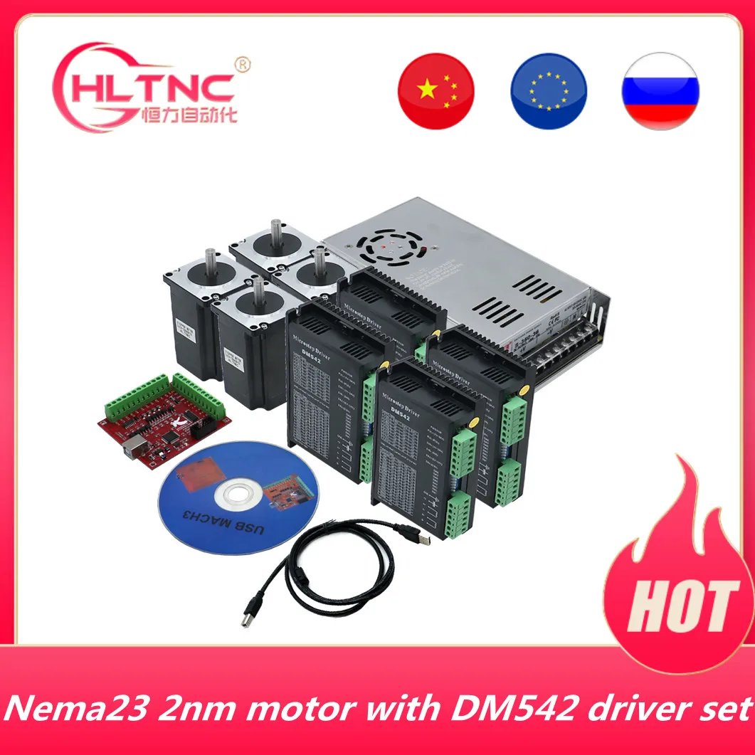 HLTNC 4 Axis NEMA23 57HS76 2Nm Stepper Motor Kit + DM542 Driver + Mach3 Interface Board + 350W36V Power Supply For CNC Machine