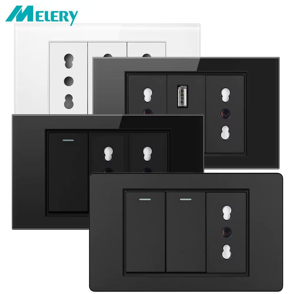 Melery Italy Switch USB Wall Socket Chile Plug Pins Chilean Outlet Italian EU Power Tempered Glass/Plastic Panel Home Office
