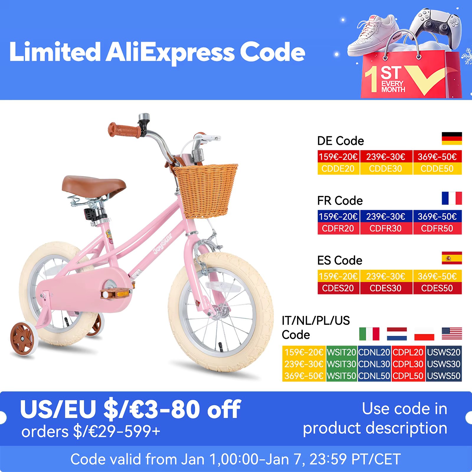 US warehouse JOYSTAR Girls Bike for 2-12 Toddlers & Kids, 12" 14" 16" 20" with Training Wheels, Basket & Kickstand, Retro Style