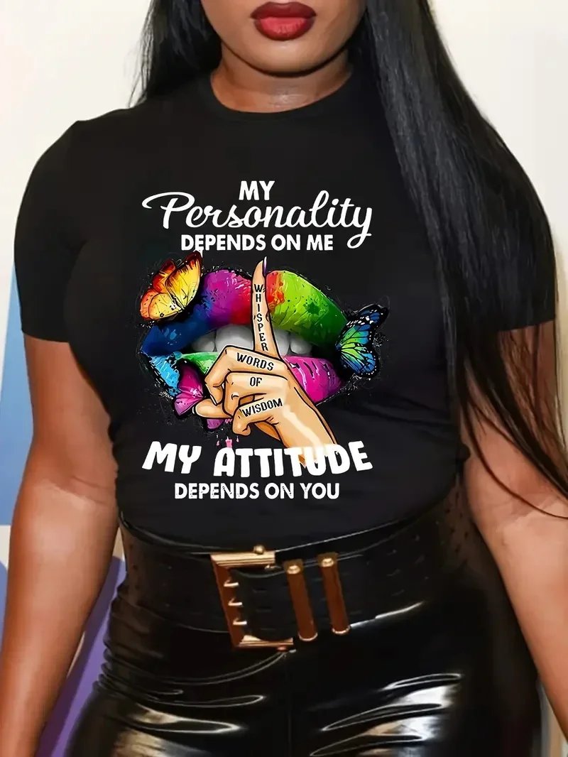 Butterfly and Lip Printed Plus Size T-Shirt Women Short Sleeved Round Neck Casual Top Fashionable Street Original Style Tops