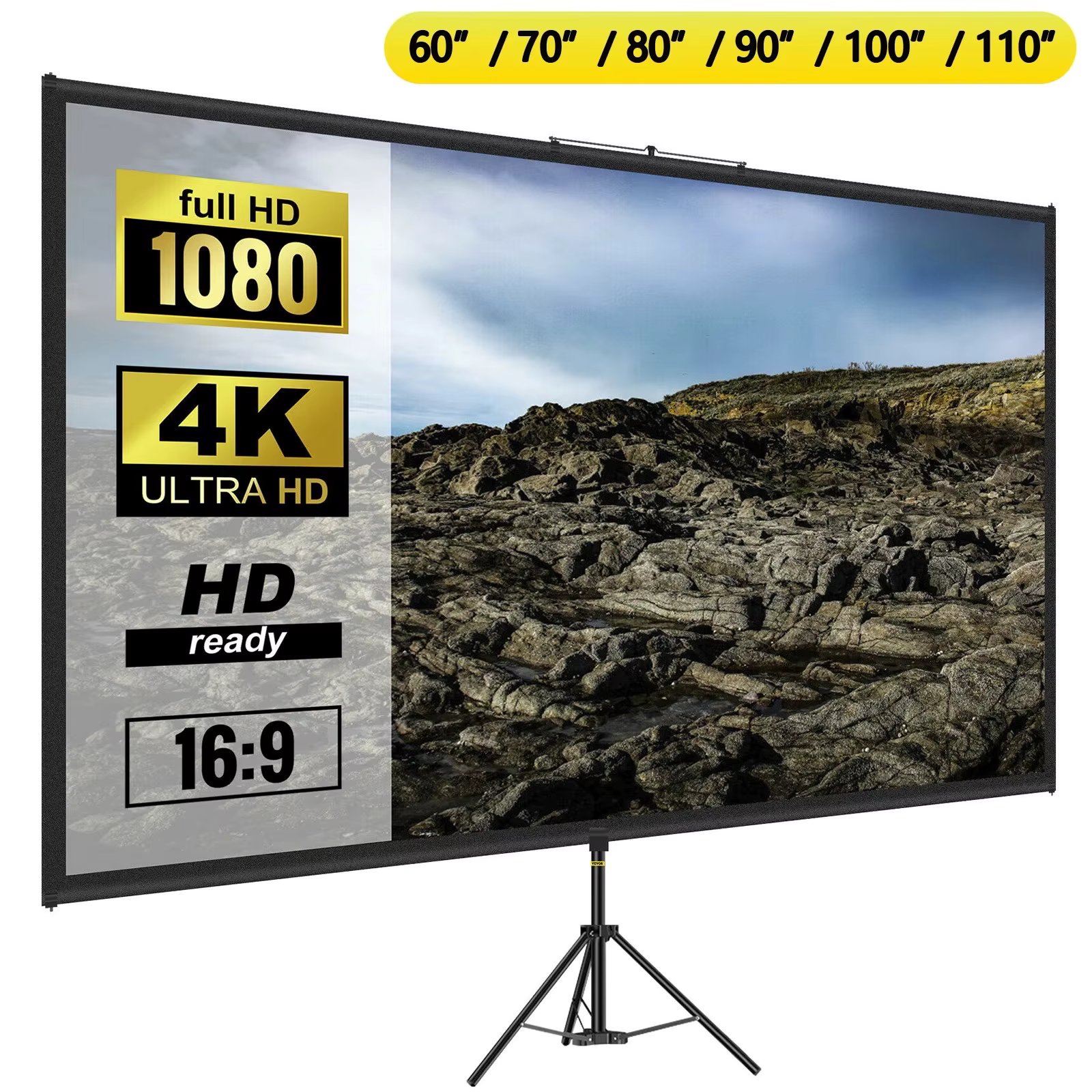 VEVOR 60 70 80 90 100 110 Inch Tripod Projector Screen W/ Stand 16:9 4K HD Portable Home Cinema for Indoor & Outdoor Projection