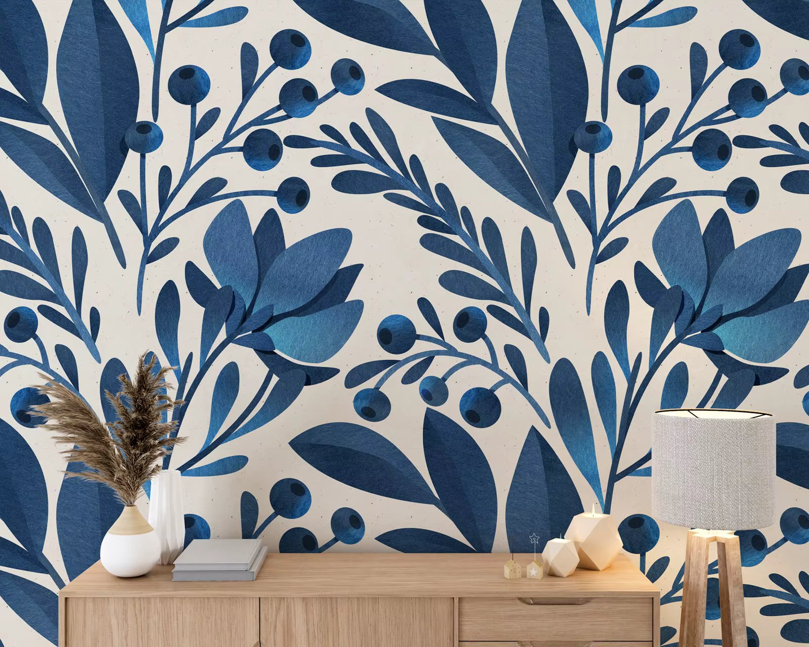 Watercolor floral pattern Wallpaper Peel and Stick, Blue Flowers Wallpaper, Botanical Background.  Self-adhesive Wall Papers