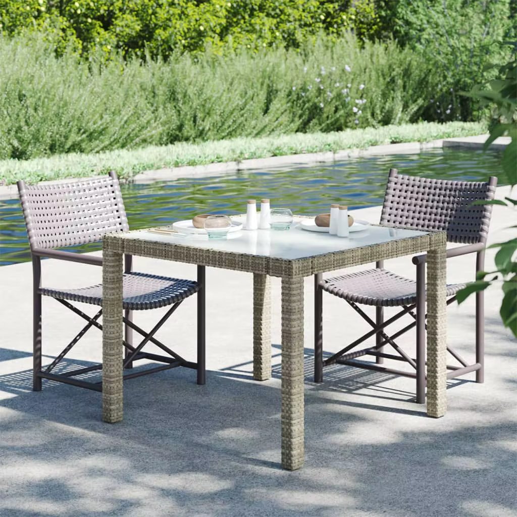 Gartentisch 90x90x75 cm Geh?rtetes Glas Poly Rattan Grau