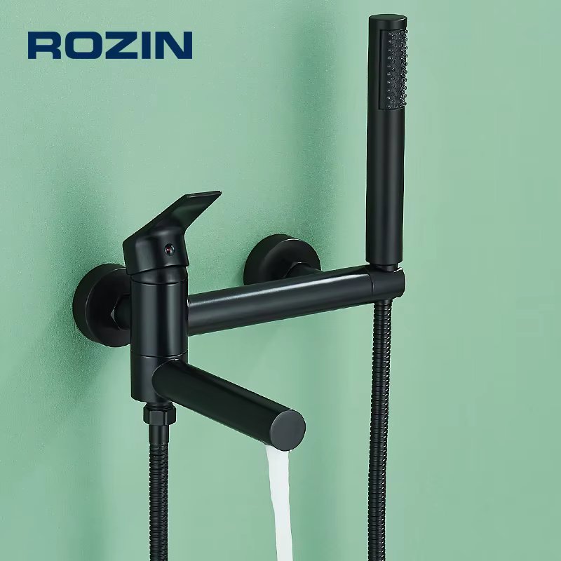 Black Bathroom Bathtub Shower Faucet with Swivel Tub Spout and Handhold Shower Brass Wall Mounted Hot Cold Water Mixer Bath Tap