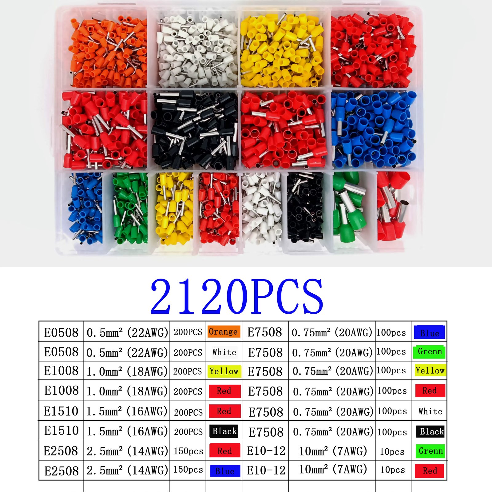 300-2120PCS Boxed VE Tubular Wire Terminal ， Insulated Electrical Wire Cord End Connector，Auto Cable Crimping Terminal Connector