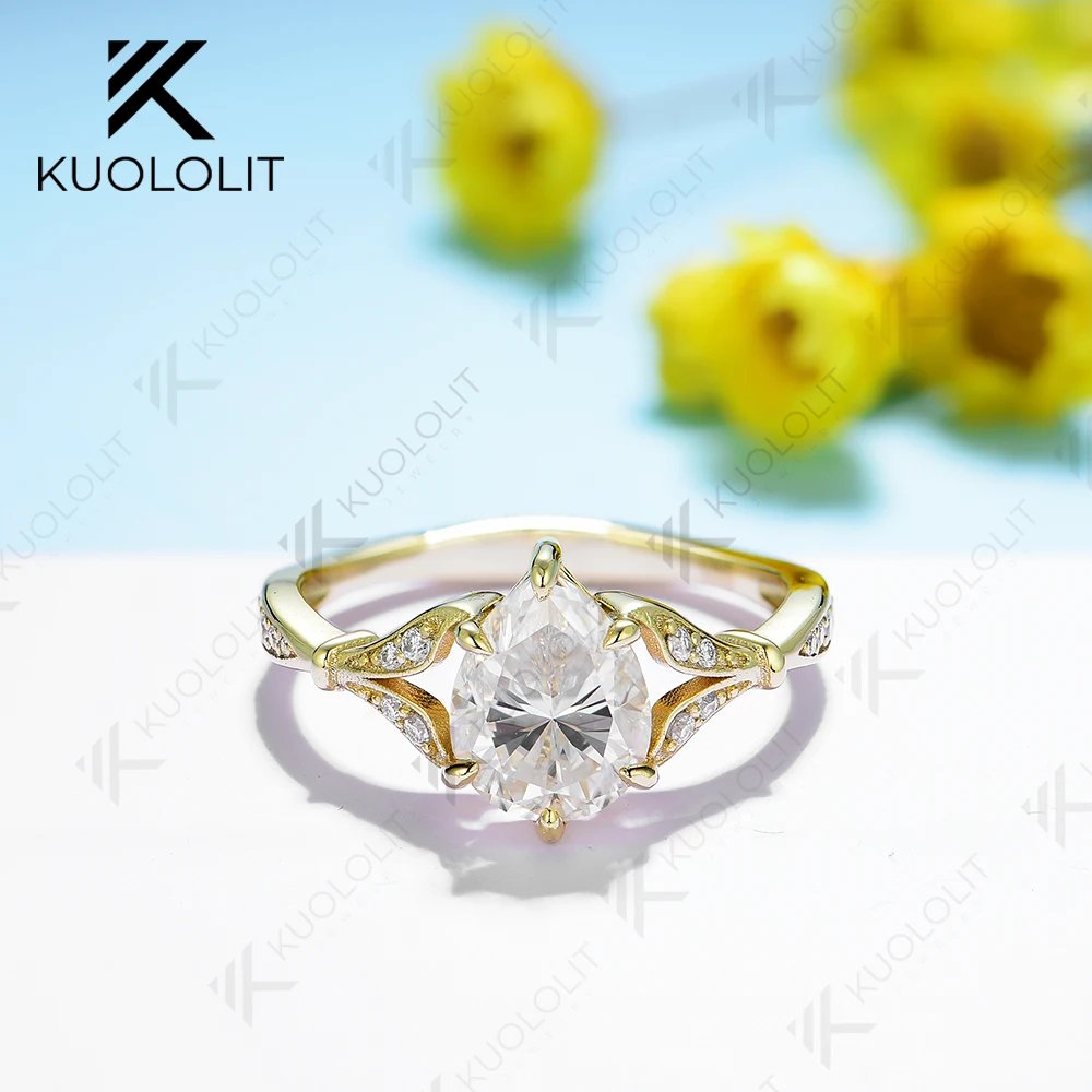 Kuololit 1.8ct Pear Cut Moissanite 18K 14K 10K 585 Yellow Gold Rings for Women Pear D/VVS Moissanite Luxury Ring for Engagement