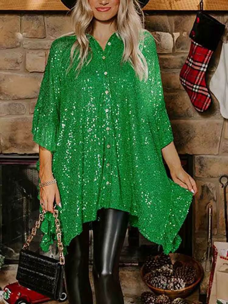 Sequined Shirts For Women Christmas Party Fashion Irregular Batwint Sleeve Shirts Bloule Women Casual Loose Street Blusa Top Red