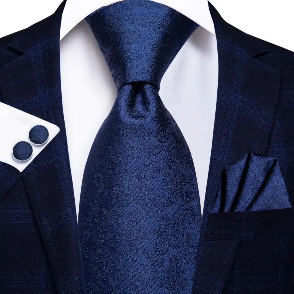 Hi-Tie Navy Blue Floral Striped Silk Elegant Tie For Men Groom Wedding Men Necktie Pocket Square Cufflink Accessory Wholesale