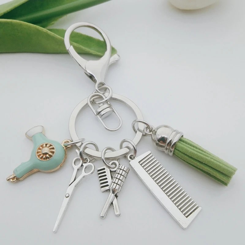 Creative hair tools Keychain enamel hair dryer comb scissors Keychain men and women friendship hair stylist gift jewelry.