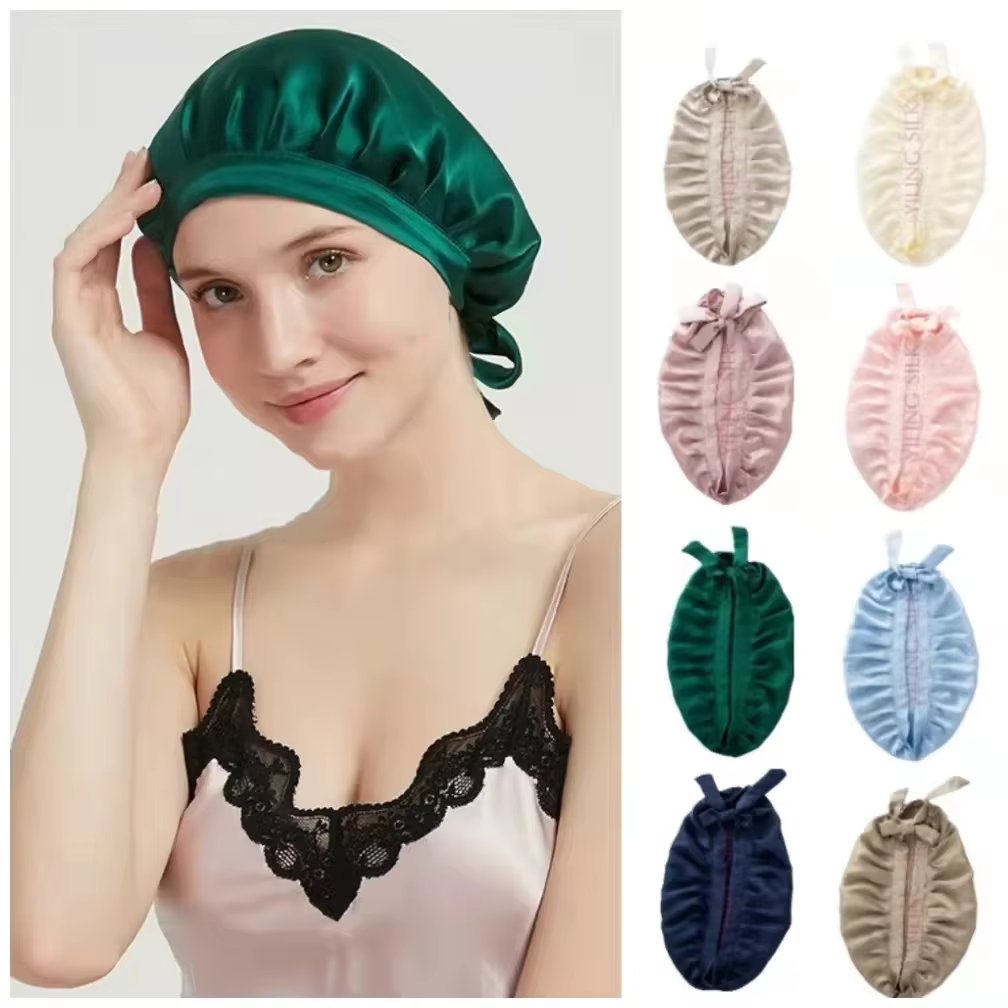 Pure Silk Bonnets For Women Designer Hair Sleeping Cap 19 Momme Mulberry Silk Bonnet Turban Hats Luxury Natural Silk Night Cap