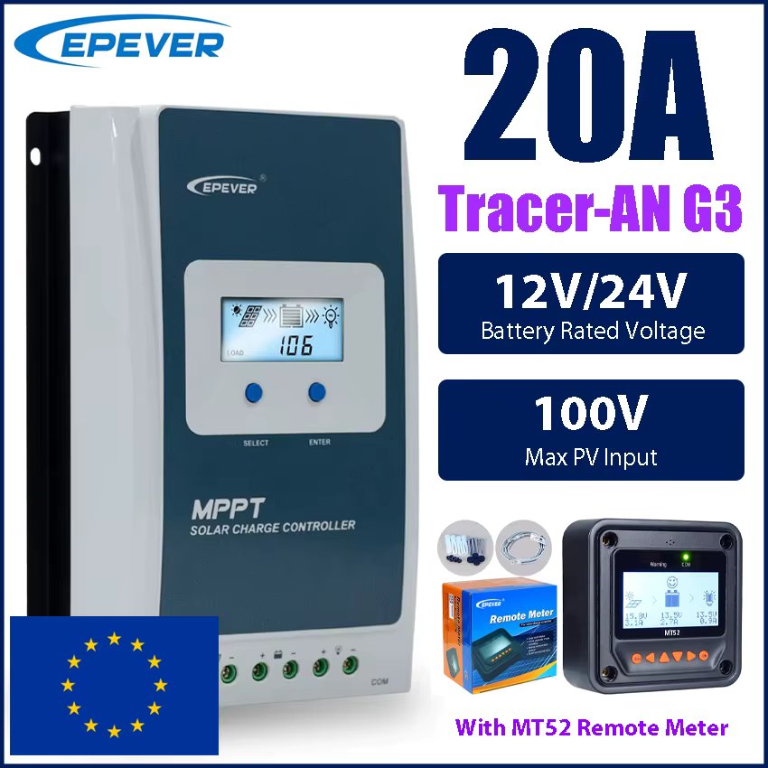 20A MPPT Solar Controller 12V 24V Auto 100V Panel Input Tracer2210ANG3 with MT52 Remote Meter 2024 NEW EPEVER Charge Regulator