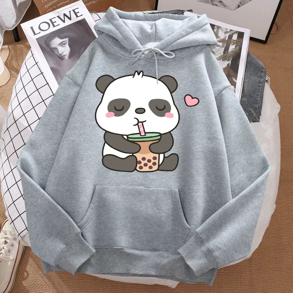 Pandas Love Drinking Pearl Milk Tea Print Hoodie Men Harajuku Warm Hoody Fashion Casual Sweatshirt Autumn Big Size Sportswears