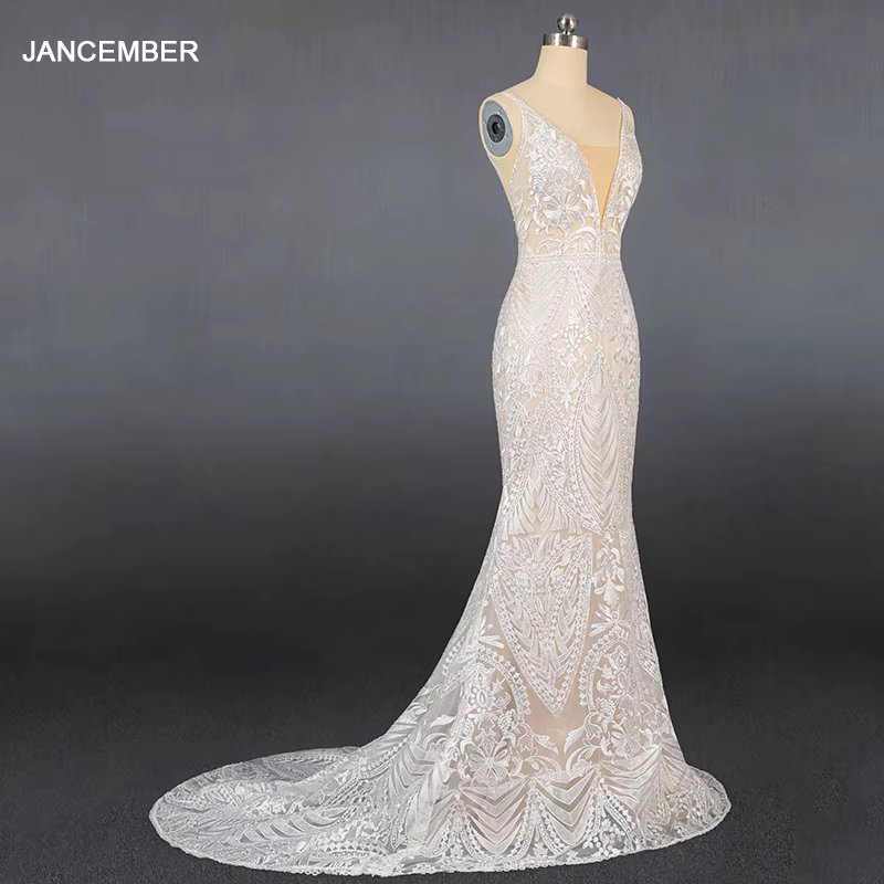 LSDZ39 Sexy V-Neck Tank With Sleeveless Cheap Mermaid Wedding Dress 2021 Illusion Back Appliques Backless