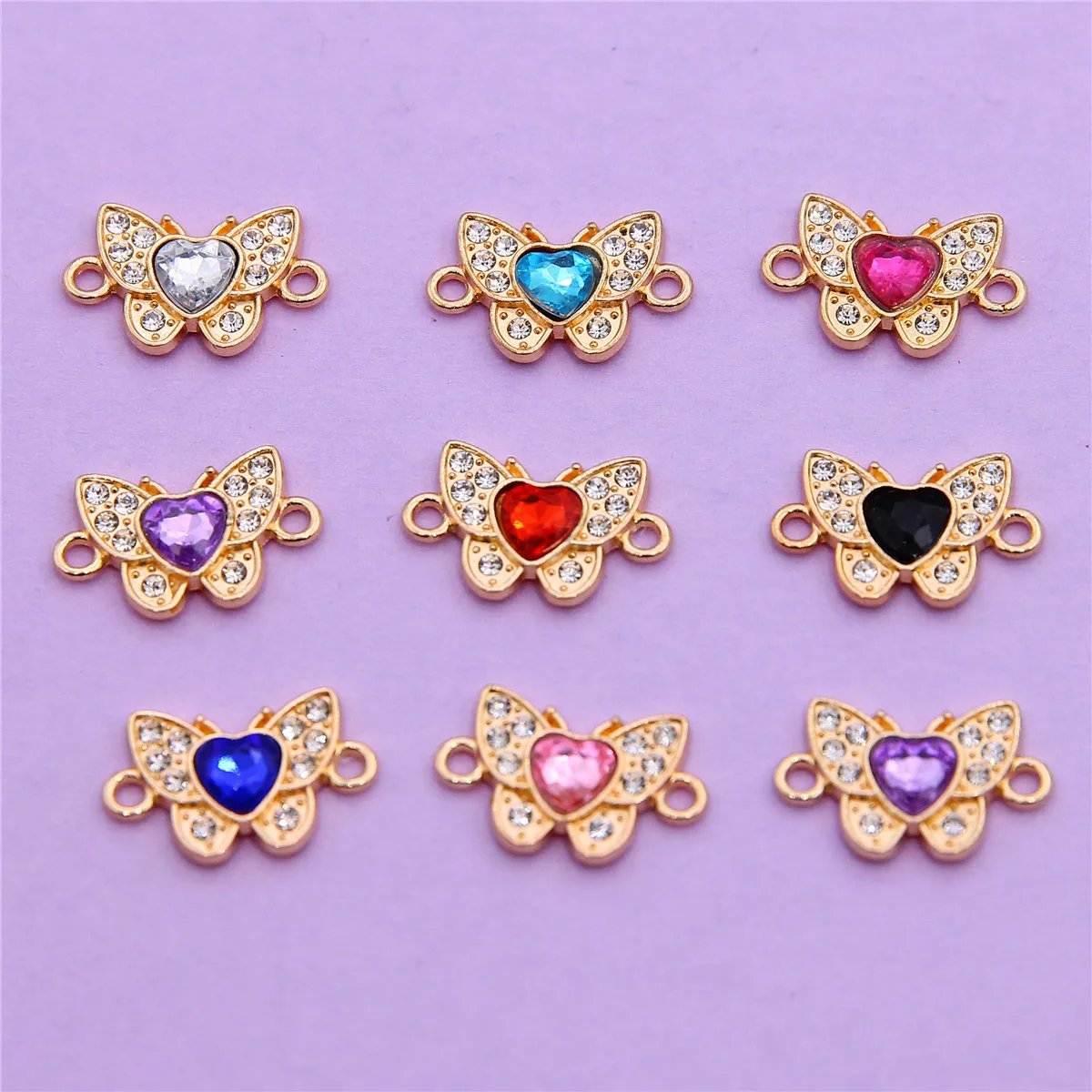 10pcs 20*13mm Mixed Color Diamond Butterfly Double Hanging Alloy Point Drill Connector Diy Necklace Bracelet Accessories