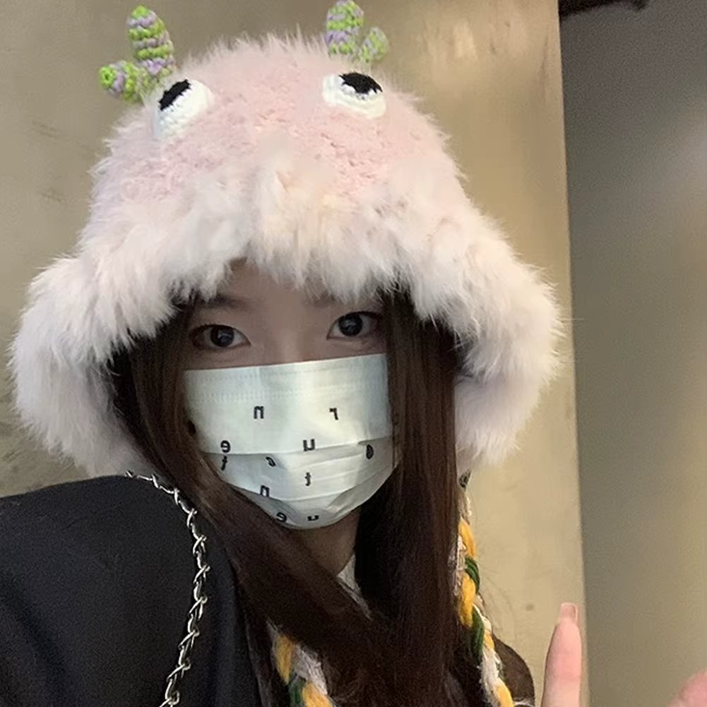 Cute Cartoon Big Eye Knitted Hat Knitted Warm Ear Protection Hat Pullover Hat for Women Plush False Fur Beanie Hat Girls Winter