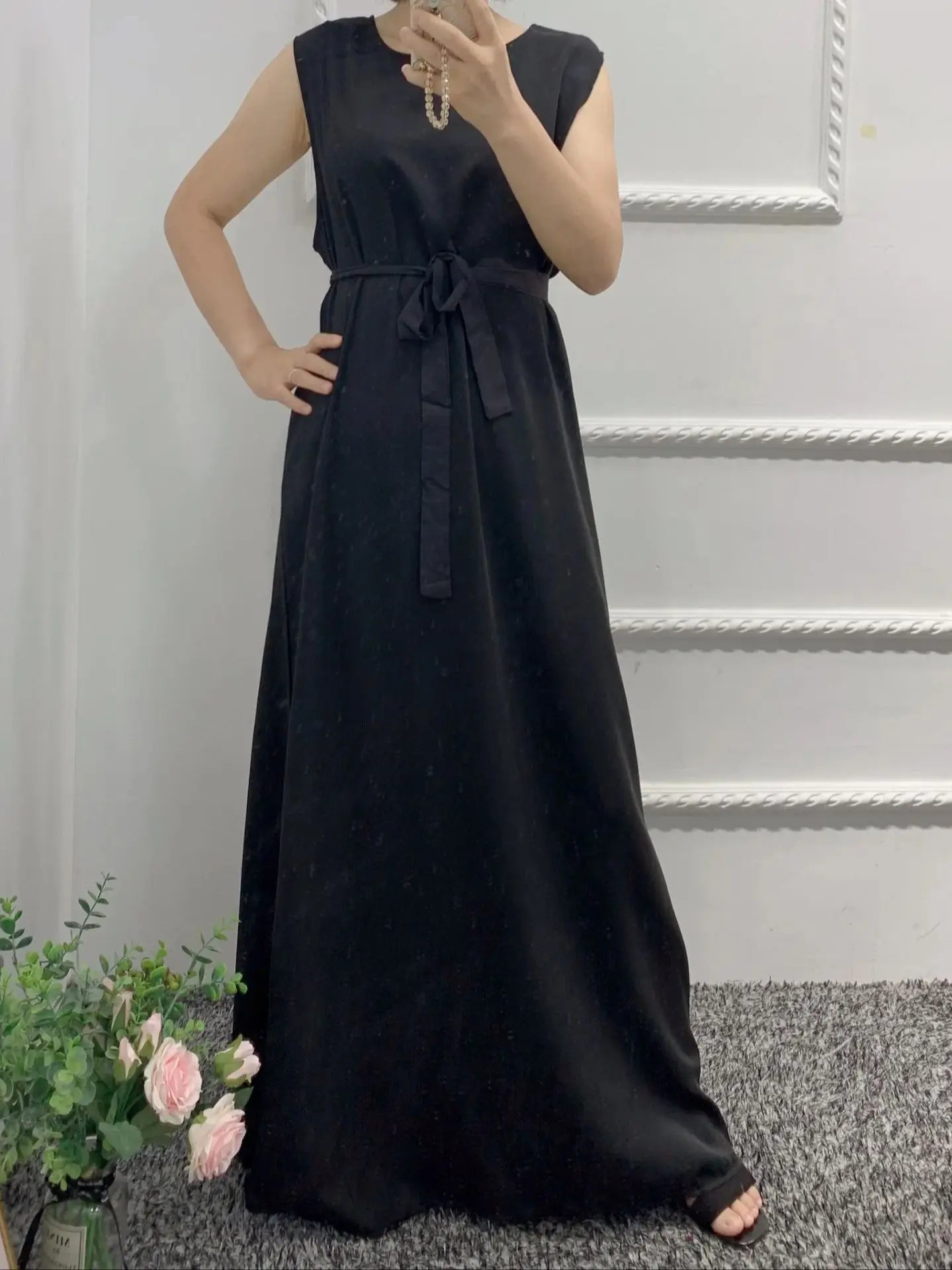 New Summer Fashion Silky Islamic Inside abayas Robes Fancy Dress French Stylish Modesty Islamic Dress With Belt WY56w