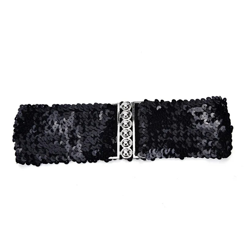 Fashion Metallic Sequin Women Dress Belts Cool Punk Shinny Cummerbund Elastic Stretch Wide Waistband Free Ize Wide Stretch Belt